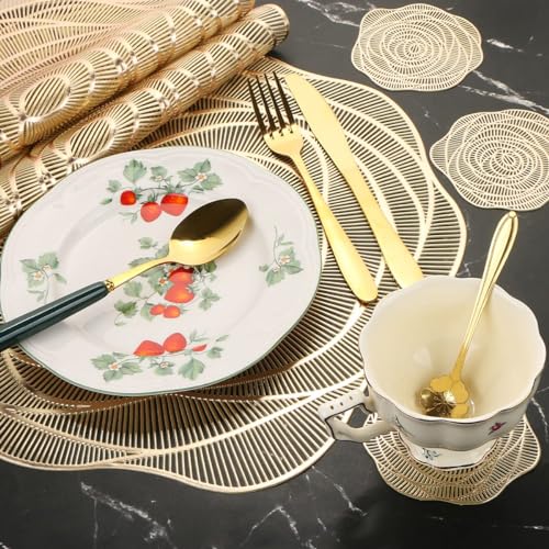 DAYSTAR Kit 8 Jogo Americano Dourado, Com Padrão Perfurado Antiderrapante e Lavável Para Decoração de Cozinha, Sala de Jantar e Pátio, Contém 4 Jogo Americano e 4 Posta Copos (Folha redonda kit 8)