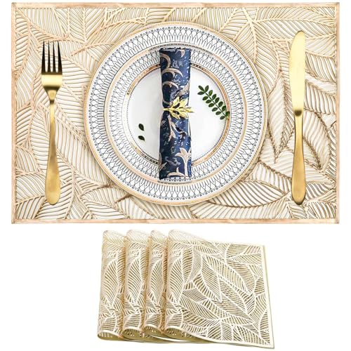 DAYSTAR Kit 8 Jogo Americano Dourado, Com Padrão Perfurado Antiderrapante e Lavável Para Decoração de Cozinha, Sala de Jantar e Pátio, Contém 4 Jogo Americano e 4 Posta Copos (Folha redonda kit 8)