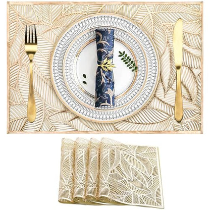 DAYSTAR Kit 8 Jogo Americano Dourado, Com Padrão Perfurado Antiderrapante e Lavável Para Decoração de Cozinha, Sala de Jantar e Pátio, Contém 4 Jogo Americano e 4 Posta Copos (Folha redonda kit 8)