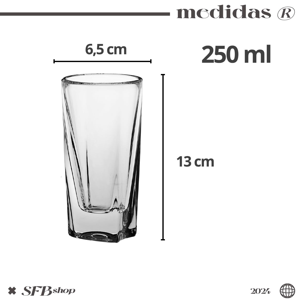 Jogo De 6 Copos Altos De Vidro 250ml Quadrado Luxo