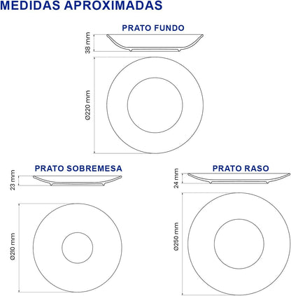 Aparelho de Jantar Jogo de Pratos Rasos, Fundos e Sobremesa Barô by Tramontina Rústico Marrom Porcelana Decorada 12 Peças