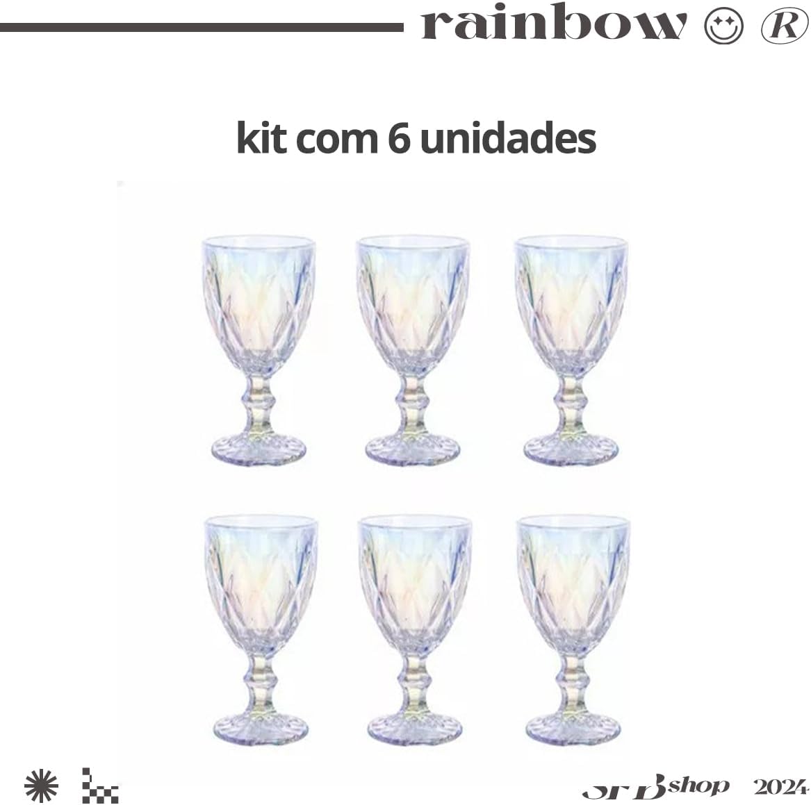 Jogo 6 Taças Diamond Copo Vidro Rainbow 340ml