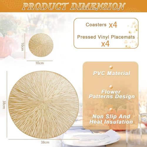 DAYSTAR Kit 8 Jogo Americano Dourado, Com Padrão Perfurado Antiderrapante e Lavável Para Decoração de Cozinha, Sala de Jantar e Pátio, Contém 4 Jogo Americano e 4 Posta Copos (Folha redonda kit 8)