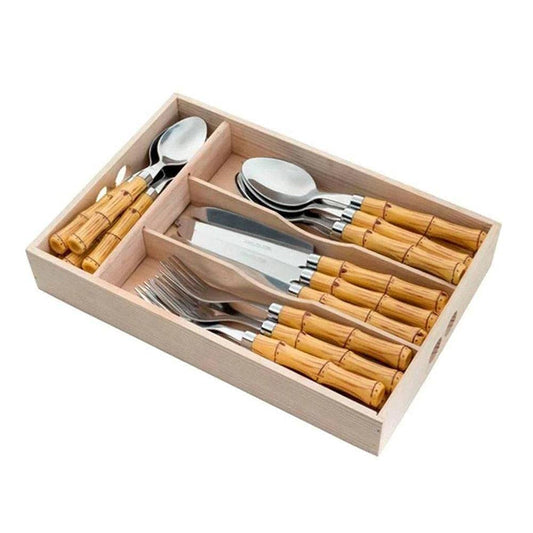 WOLFF Faqueiro de Aço Inox Com Cabo Plástico Bambu 24 Peças - Jogos de Talheres - Mesa Posta - Utensílios de Cozinha, Enxoval, Casamento, Decoração