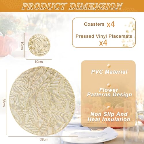 DAYSTAR Kit 8 Jogo Americano Dourado, Com Padrão Perfurado Antiderrapante e Lavável Para Decoração de Cozinha, Sala de Jantar e Pátio, Contém 4 Jogo Americano e 4 Posta Copos (Folha redonda kit 8)