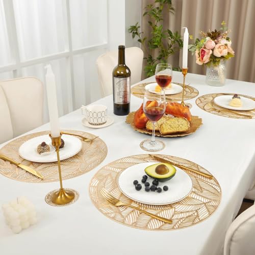 DAYSTAR Kit 8 Jogo Americano Dourado, Com Padrão Perfurado Antiderrapante e Lavável Para Decoração de Cozinha, Sala de Jantar e Pátio, Contém 4 Jogo Americano e 4 Posta Copos (Folha redonda kit 8)