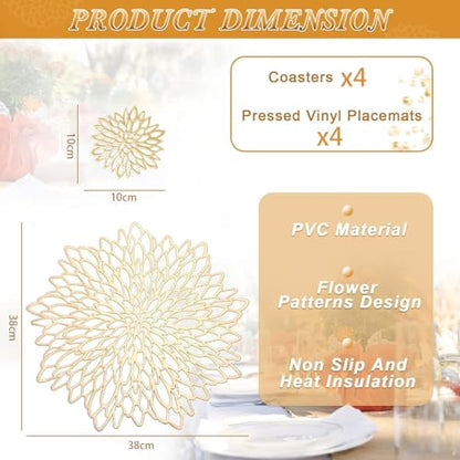 DAYSTAR Kit 8 Jogo Americano Dourado, Com Padrão Perfurado Antiderrapante e Lavável Para Decoração de Cozinha, Sala de Jantar e Pátio, Contém 4 Jogo Americano e 4 Posta Copos (Folha redonda kit 8)