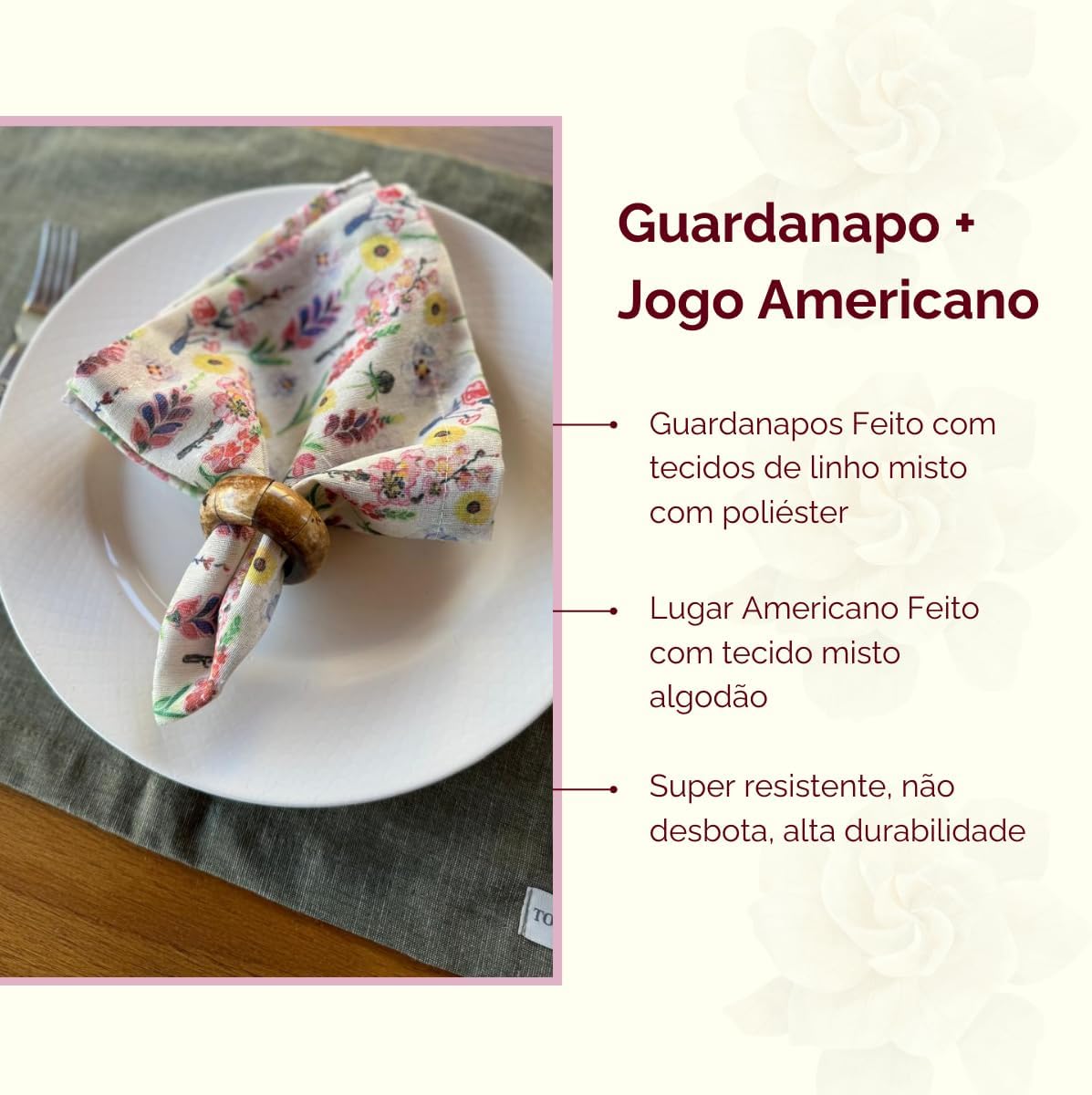 Kit Guardanapo Jogo Americano Luxo Mesa Posta 8 Peças (Guardanapo Cashmere + Jogo americano Verde Mescla)