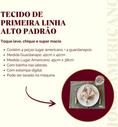 Kit Guardanapo Jogo Americano Luxo Mesa Posta 8 Peças (Guardanapo Cashmere + Jogo americano Verde Mescla)