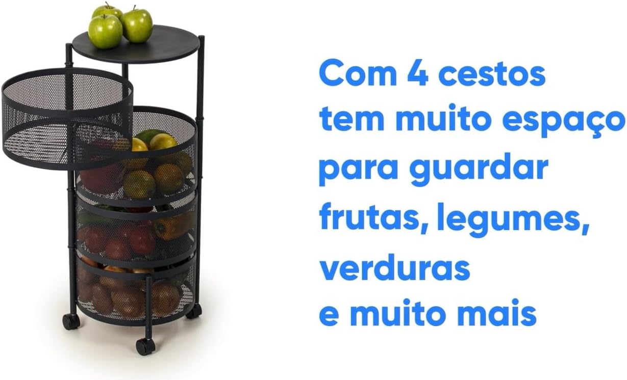 Fruteira Preta Articulada 4 Andares All Black Qualquer Ambiente