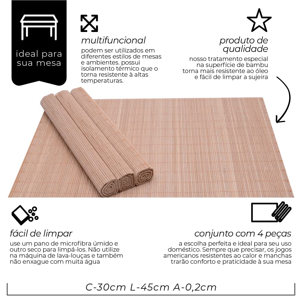 Mimo Style Jogo Americano de Bambu Claro com 4 Unidades 45x30 para Mesa, Cozinha e Sala de Jantar - Moderno Sofisticado Sustentável e Ecológico - Com Resistência Térmica e Evita Manchas