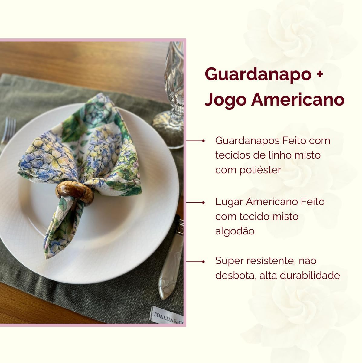 Kit Guardanapo Jogo Americano Luxo Mesa Posta 8 Peças (Guardanapo Cashmere + Jogo americano Verde Mescla)