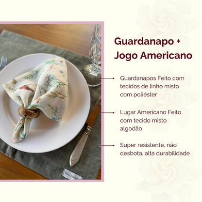 Kit Guardanapo Jogo Americano Luxo Mesa Posta 8 Peças (Guardanapo Cashmere + Jogo americano Verde Mescla)