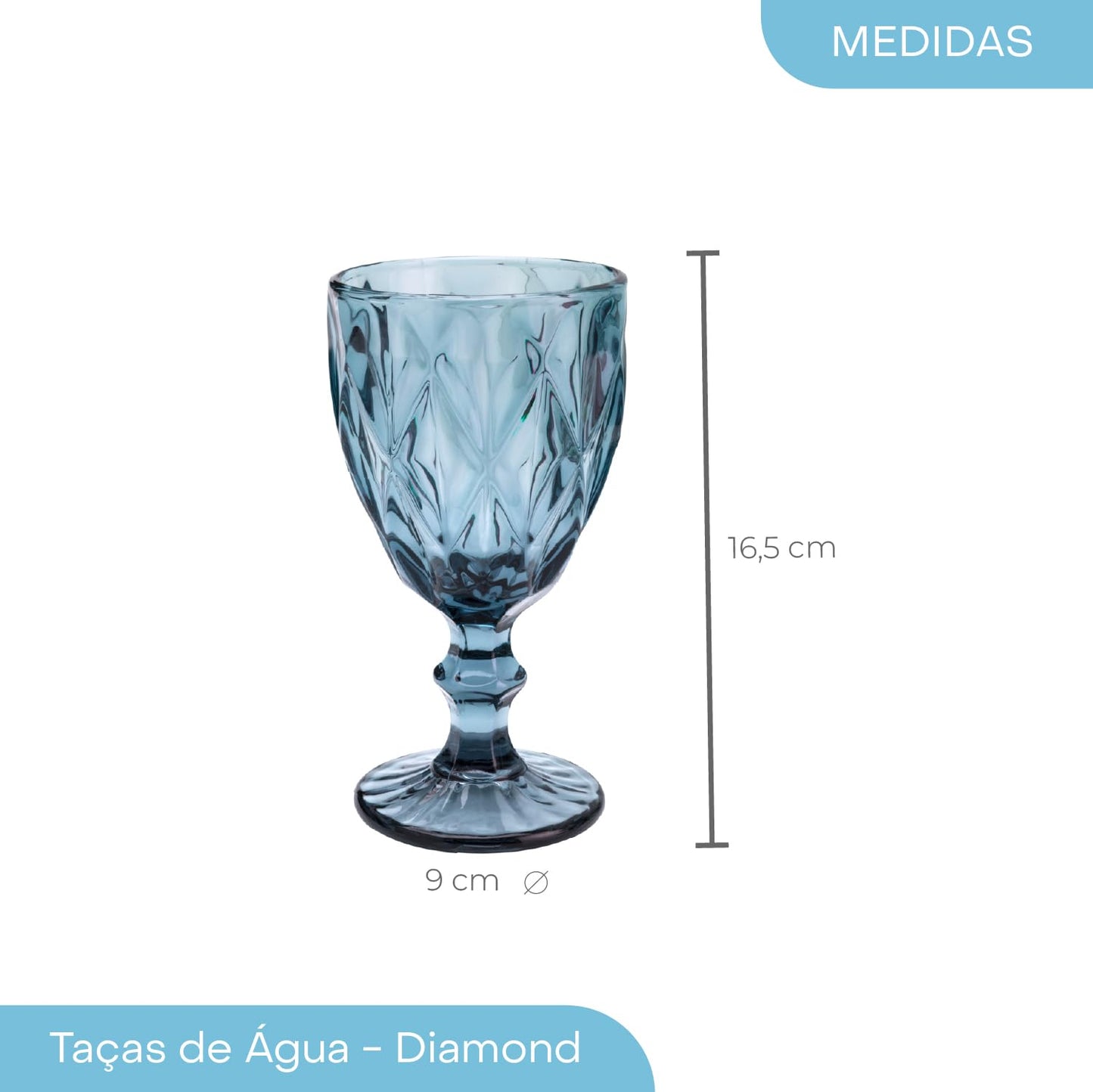 Lyor Diamond Conjunto 6 Taças para Água de Vidro, Azul, 325 ml