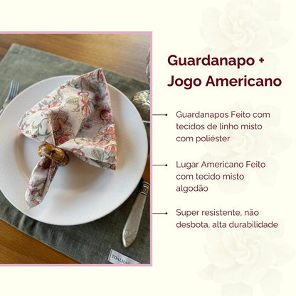 Kit Guardanapo Jogo Americano Luxo Mesa Posta 8 Peças (Guardanapo Cashmere + Jogo americano Verde Mescla)