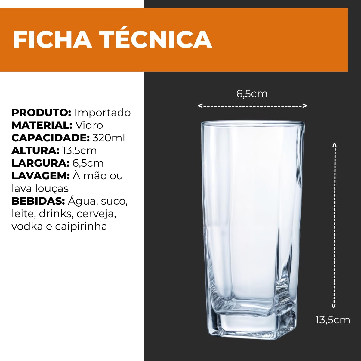 Jogo de Copos Texas de Vidro Quadrado 320ml Água e Suco para Mesa Posta - 6 Peças Cor: Transparente