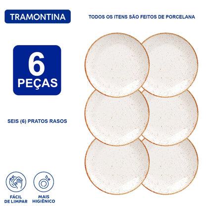 Aparelho de Jantar Jogo de Pratos Rasos Barô by Tramontina 25 cm Rústico Marrom Porcelana Decorada 6 Peças