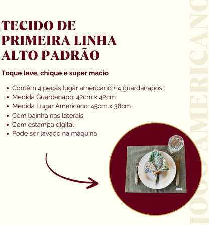 Kit Guardanapo Jogo Americano Luxo Mesa Posta 8 Peças (Guardanapo Cashmere + Jogo americano Verde Mescla)