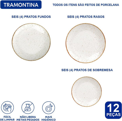 Aparelho de Jantar Jogo de Pratos Rasos, Fundos e Sobremesa Barô by Tramontina Rústico Marrom Porcelana Decorada 12 Peças