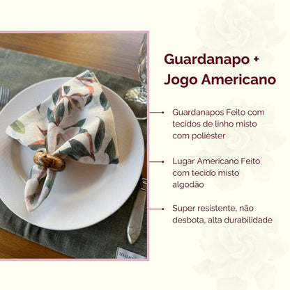 Kit Guardanapo Jogo Americano Luxo Mesa Posta 8 Peças (Guardanapo Cashmere + Jogo americano Verde Mescla)