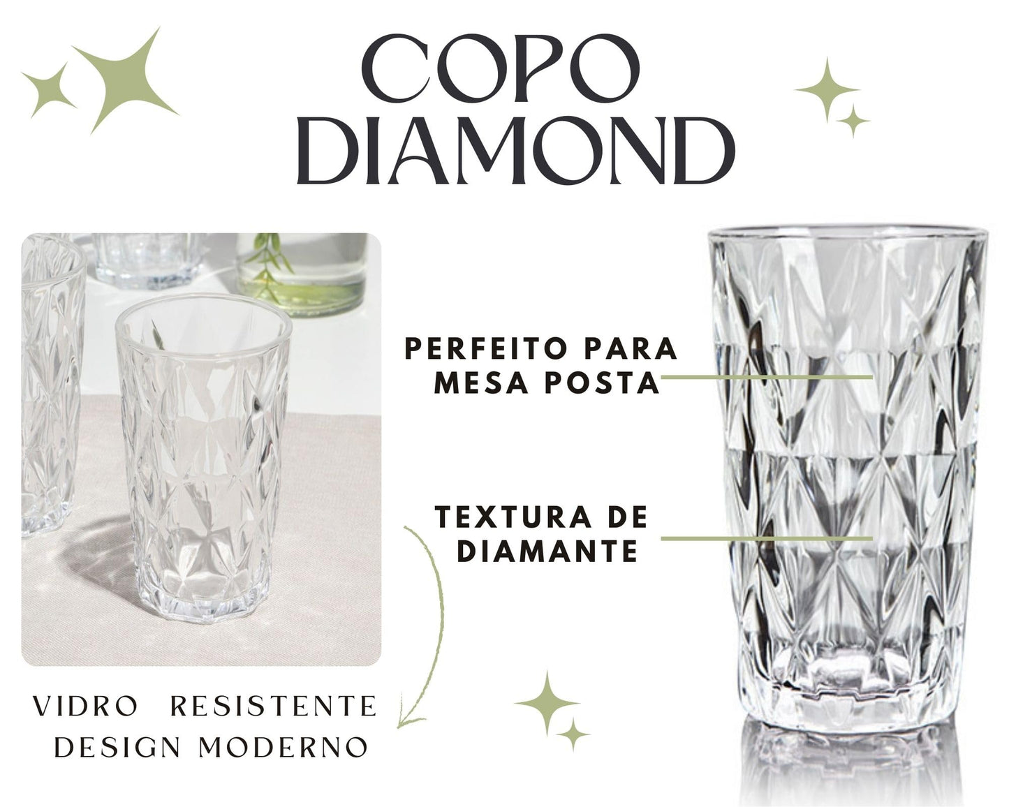 Jogo 6 Copos Diamond Vidro Transparente 260ml Serve Agua Suco Bebidas Resistente Com Bico de Abacaxi Mesa Posta Luxuoso