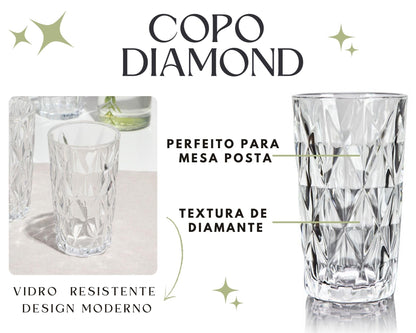 Jogo 6 Copos Diamond Vidro Transparente 260ml Serve Agua Suco Bebidas Resistente Com Bico de Abacaxi Mesa Posta Luxuoso