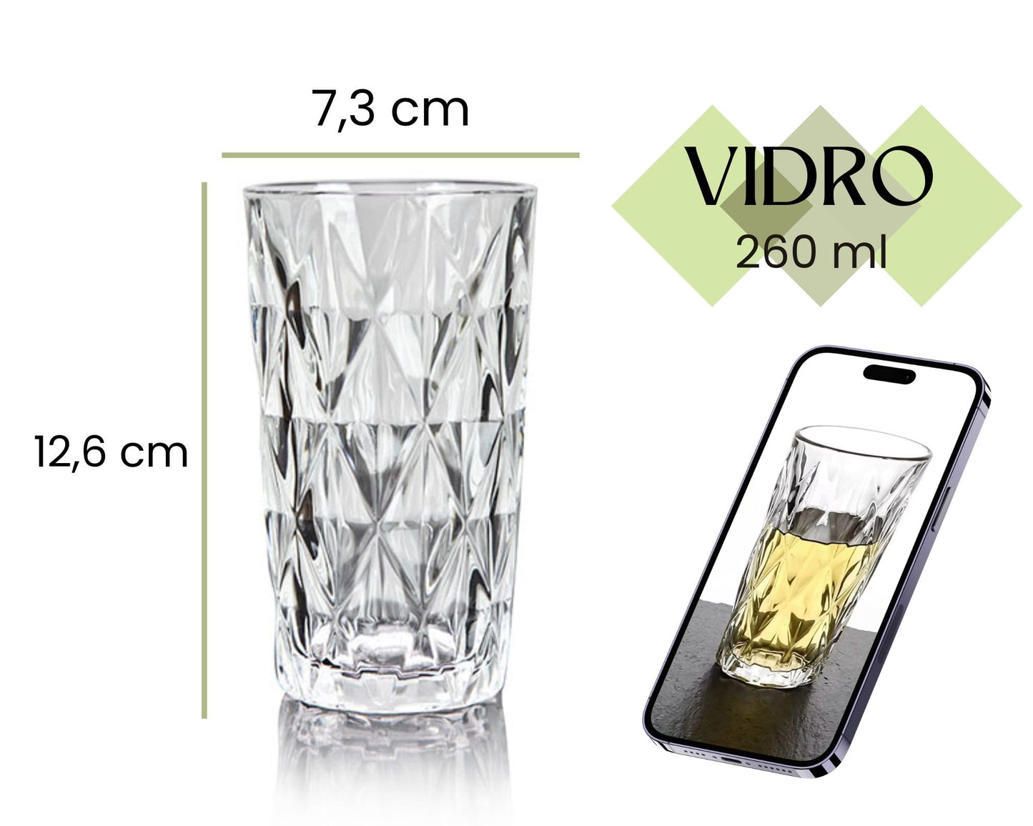 Jogo 6 Copos Diamond Vidro Transparente 260ml Serve Agua Suco Bebidas Resistente Com Bico de Abacaxi Mesa Posta Luxuoso