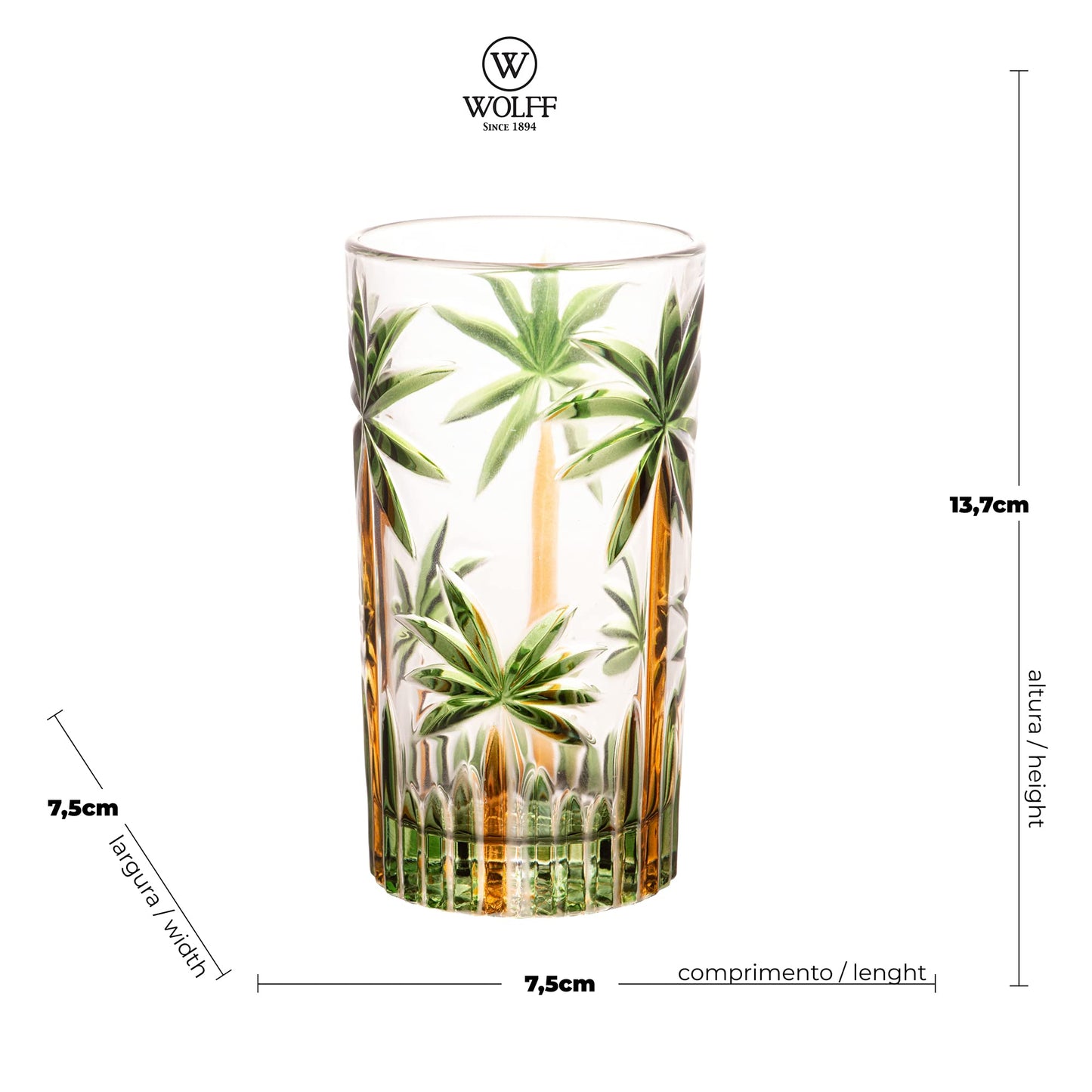 Wolff Palm Tree Conjunto de Copos Altos de Cristal 6 Peças, Multicor (Palmeira Verde Pintura à Mão), 360 ml