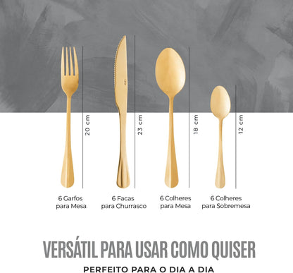 LYOR Faqueiro de Aço Inox Positano Dourado 24 Peças - Jogos de Talheres - Mesa Posta - Utensílios de Cozinha, Enxoval, Casamento, Decoração